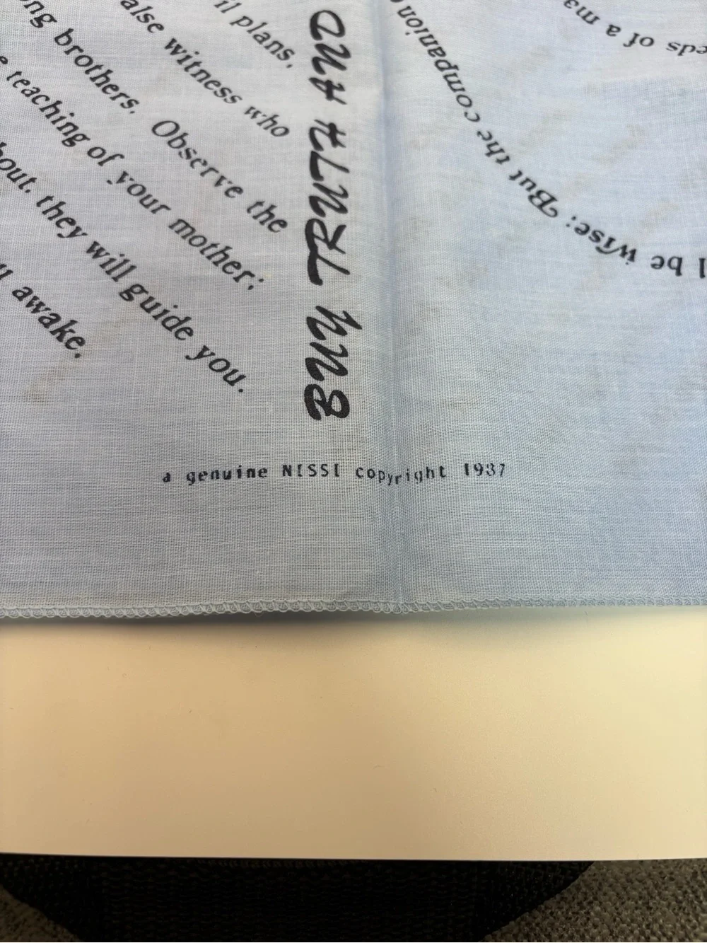 Blue VTG Handkerchief with Black Printed Bible Scripture Inspiration Scarf